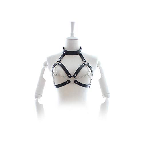 Hanyi Damen Leder BH mit Kette Einstellbar Brust Body Harness Fetisch SM Bondageset Sexspielzeug, Schwarz