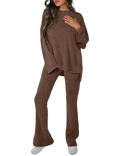 Image of Tankaneo Womens Sets 2 Piece Outfits Long Sleeve Shirts and Flare Pants Travel Airport Matching Lounge Sets Brown