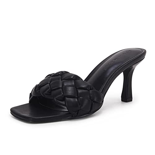 LAICIGO Womenâ€™s Square Open Toe Woven Mule Heeled Sandals Braided Stiletto Slip On High Heel Quilted Leather Slides