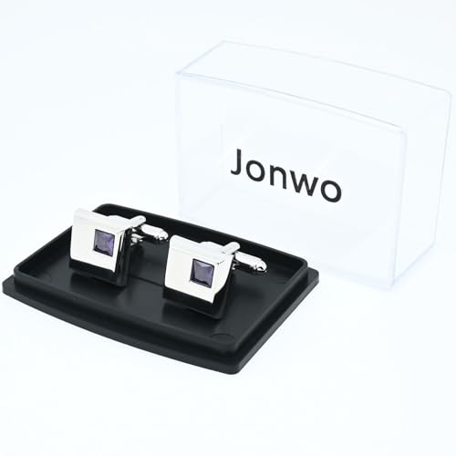 Mancuernillas cuadradas de metal plateado con cristal morado miniatura 6