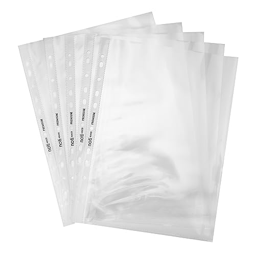 noti PLASTOREG - Prospekthüllen - Klarsichtfolien DIN A4 Premium glasklar transparent 100 Stück gelocht mit weißem Streifen extra stabil und Stark