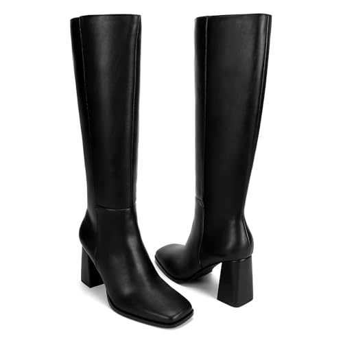 Knee High Boots for Women Faux Leather Square Toe Chunky Block Boots Long Tall Boots with Side Zip3