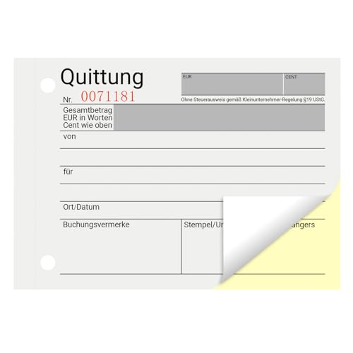 YBCPACK 12 Stück Quittungsblock mit Durchschlag für Kleinunternehmer, Quittung A6 quer, 2x40 Blatt, ohne MwSt. - durchschreibend