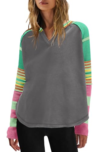 Panadila Womens Striped Long Sleeve Shirt Color Block Raglan Shirt V Neck Patchwork Pullover Tops Casual Cute Top2