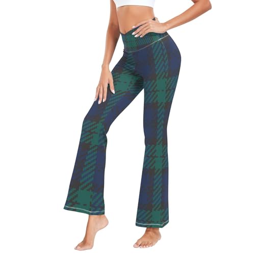 Pantalon de yoga grande taille galbant à carreaux vert et bleu marine