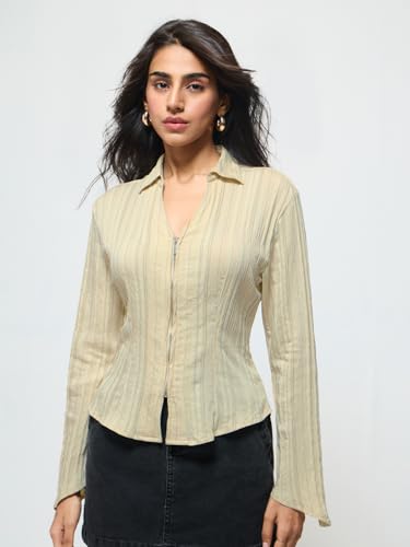 Image of The Souled Store Zipper Shirt: Women and Girls Full Sleeves Round Neck Textured Viscose Blend Slim Fit Lightweight Breathable Smart Casual Shirt for Everyday Summer Wear