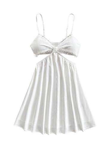 OYOANGLE Women's Cut Out Smocked Sundress Backless Ruffle A Line Cami Dress Flowy Mini Dress White...
