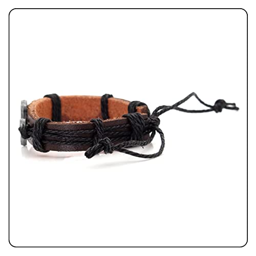 Fusamk Fashion Cross Tag Bangle Adjustable Leather Cuff Wristband Drawstring Rope Bracelet(Brown Leather Black Rope) #TOP2