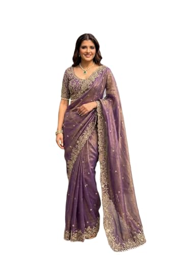 Image of ORHANS Women's Organza Silk Saree with Unstitched Blouse Piece Heavy Embroidery Work and Floral Pattern | Womens Sarees for Weddings | Party and Festivals Sari for Woman | Silk Saree
