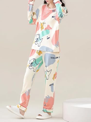 Image of Celary Women's Korean Night Suit Set | Round Neck Full Sleeve Top & Printed Ankle Length Pyjama | Skin-Friendly Fabric Soft Breathable Stretchable Loungewear | M to 2XL