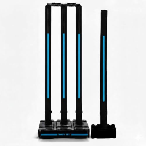 Image of Bodyfit Heavy Black Cricket Stumps | Plastic Wickets Set with 4 Stumps + 2 Bails + 2 Stands | Full Size Wickets for Cricket Ground, Tournament Wicket,Black with Color Accents. (Black-Blue)