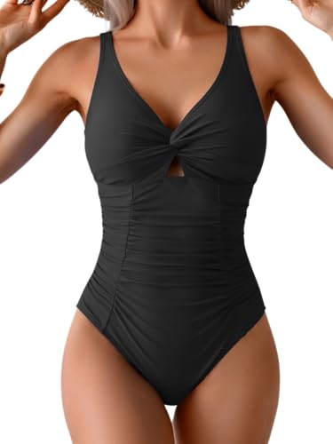 Eomenie One Piece Swimsuit for Women Tummy Control Bathing Suit Ruched Twist Front Swim Suit Cutout Tie Back Swimwear
