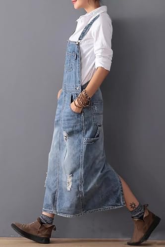 Yoeasy Women's Distressed Denim Overall Dress - Adjustable Strap Pinafore A-Line Mid Long Jean Bib3
