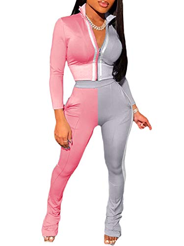 Pants and Jacket Set for Women Long Sleeve Jogger 2 Piece Suit Set 2 Piece Palazzo Jumpsuit Pink XXL