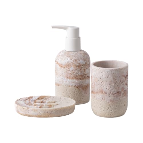 Badezimmer Set, 3 Teile Bad Set aus Seifenspender, Seifenschale u. Zahnbürstenhalter, Harz-Badezimmer-Sets von DREI Teilen (weiß)
