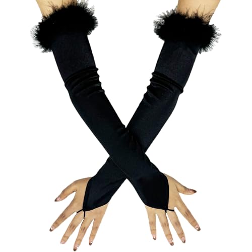 Acenail Black Fingerless Feather Gloves Long Satin Opera Gloves Halloween Costume Elbow Length Glove Womens Wedding Glove (Black 19.7)
