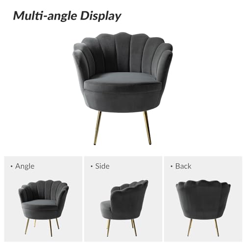 Image of HULALA HOME Modern Velvet Accent Chairs Set of 2 with Shell Shaped Back, Cute Living Room Bedroom Armchairs Sofa Chairs with Gold Legs, Comfy Upholstered Vanity Chairs for Makeup Room, Grey