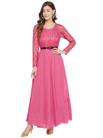 HELLO DESIGN Women Solid Round Neck Full Sleeve Net Yoke Rexine Belted A-line Maxi Dress