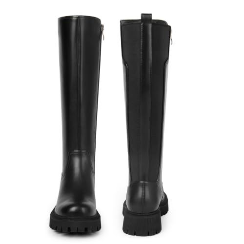 Image of TEAIEUI Womens Low Block Heel Platform Stretch Knee High Boots, Side Zipper | Comfortable Tall Boots, Stretch Calf, Round Toe, 1.81 inch Heel, Faux Leather, for Fall, Winter, Going out, Dress, Festival