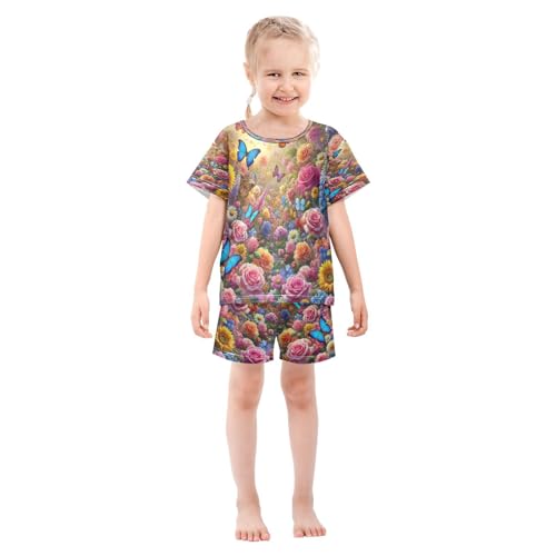 Butterflies Flowers Pajama Set Short Sleeve Summer Pajamas Sleepwear Nightwear Set Cotton 5Y3
