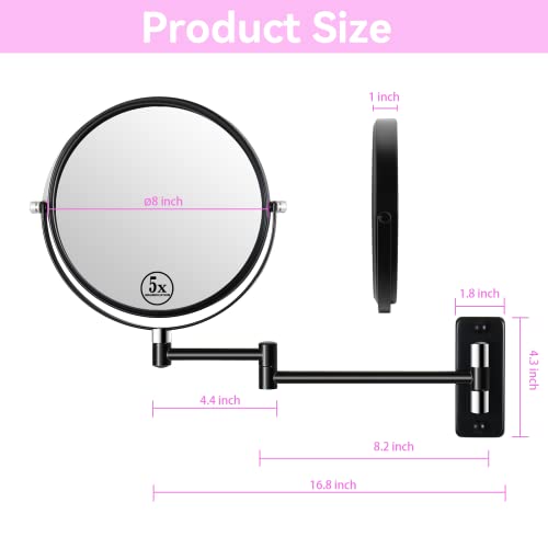 Wall Mounted Makeup Mirror,1X/5X Magnifying Mirror,360° Swivel Extendable Bathroom Mirror,Vanity Magnifying Mirror For Shaving (Black,5X) #TOP1