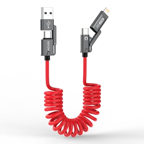 AGVEE 3ft 4-in-1 Coiled Multi USB C Charging Cable, Secure-Slide No-Loss Adapters, Slim Tips Fit...