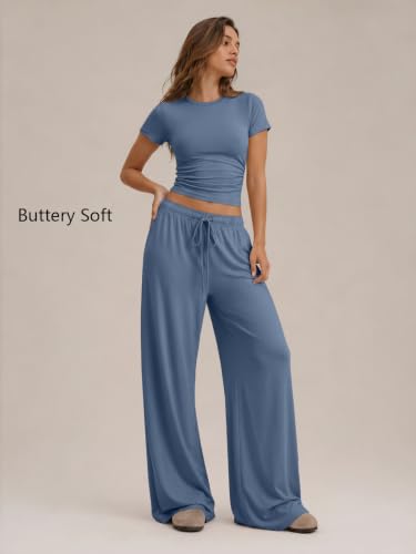 Image of Trendy Queen 2 Piece Matching Summer Lounge Set Womens Side Ruching Top Wide Leg Pants Sets with Pockets