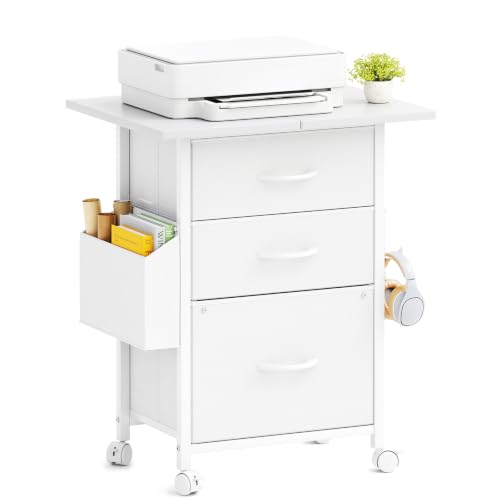 CAIYUN Filing Cabinet with 3 Fabric Drawers Mobile File Cabinet on Wheels & Adjustable Feet Rolling Under Desk Cabinet Printer Stand for Home Office White