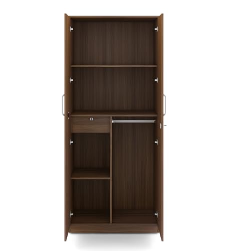Image of Knox 2-Door Wardrobe | Engineered Wood | Exotic Teak Finish | Matte | Bedroom Storage | Hinged Doors | 4 Shelves | 1 Hanger Rod | Termite & Scratch Resistant | 3-Year Warranty