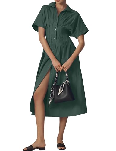 Image of Women Striped Button Front Pleated Maxi Shirt Dress Short Sleeve Collar V Neck Summer Casual Corset Long Dress Dark Green