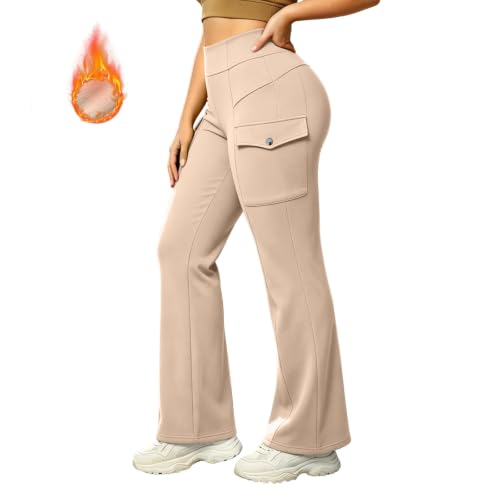 Women Workout Flare Leggings High Waisted Fleece Lined Cargo Leggings Beige - image 2