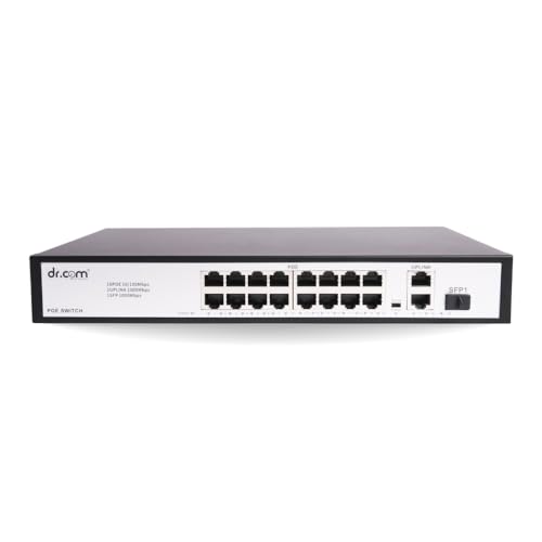 Image of dr.com 19 Port PoE Switch with 16 10 /100 PoE Ports 2 Gigabit 10 /100 /1000 Uplink Ports and 1 SFP Slot 250W Power IEEE 802.3af /at Network Switch for CCTV IP Camera Plug and Play