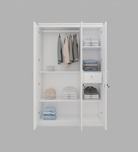 Image of Mintwud Pepperfry Engineered Wood Magnus 3 Door Wardrobe | Wooden Almirah with Drawer Storage and Hanging Rod | Multipurpose Organizer Cupboard for Bedroom Home Furniture (Mist White Finish)