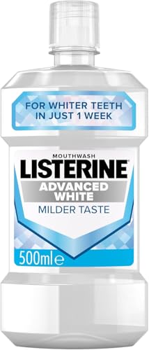 Listerine Advanced White Milder Taste (Zero Alcohol) Mouthwash (500ml) Fluoride Mouthwash to Whiten and Protect from New Stains While Remineralising and Strengthening Teeth