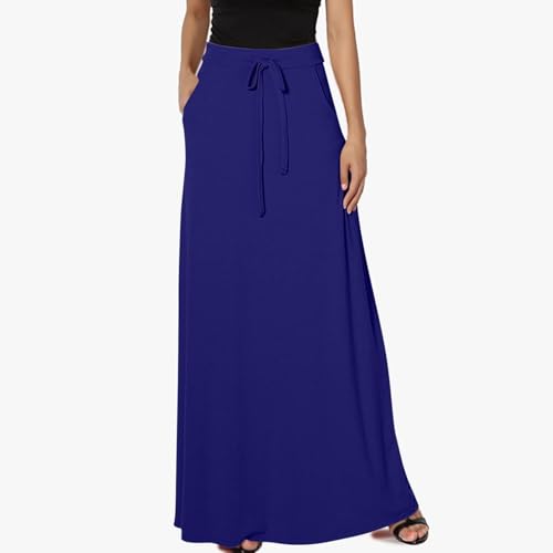 Womens Maxi Skirt Elastic Basic Solid Tie Dye Foldable High Waisted Midi Length Plus Size A-Line Skirts with Pockets(Dark Blue,X-Large)2