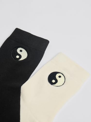Image of The Souled Store Souled Socks: Yin-Yang Black & Off-White Crew Socks | Cotton Blend, Soft, Breathable, with Applique Patch
