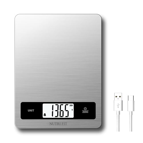 NUTRI FIT Báscula de cocina digital recargable de acero inoxidable con función de carga USB-C, para pesar ingredientes de horneado y cocinar, 11 lb/5 kg, lbs: oz/g fl'oz/ml (acero inoxidable)