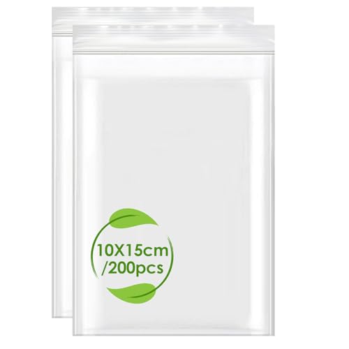 200 Bolsas Cierre Zip de Plastico, 10x15 cm Bolsas Transparente Zip Pequeñas Ziplock Bags Hermeticas Autocierre Grandes Reutilizable para Alimentos Cocina Oficina Almacenamiento