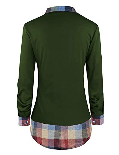 Image of Oyamiki Women's Casual Collared Curved Hem 2 in 1 Pullover Tops Plaid Contrast Shirt Blouse