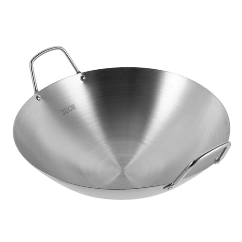 AUTSUPPL Sartén Wok de Acero Inoxidable con Doble Asa Cocina Práctica para Hogar Antirayaduras y Compatible con Estufas Eléctricas Inducción Utensilio de Cocina Multifuncional