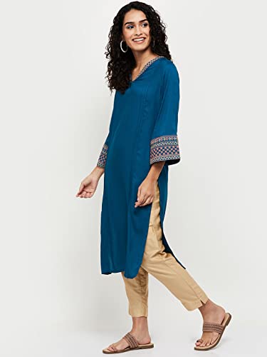 Image of Max Women Rayon Straight Fit Embroidered V-Neck Straight Kurta