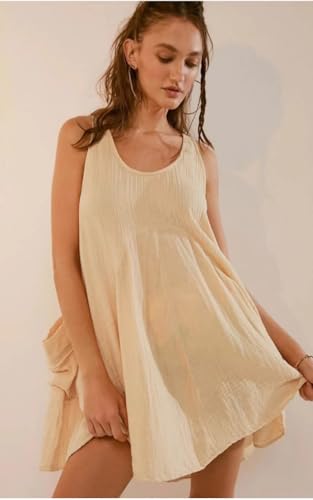 Image of Women Casual Dresses Sleeveless Scoop Neck Backless Tunic Mini Dress Loose Flowy Tank Sundress with Pockets