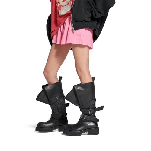 Black Women's Knee High Boots Pull On Wide Calf Riding Fashion Buckles Chunky Low Hee Buckle Moto Biker Boots2