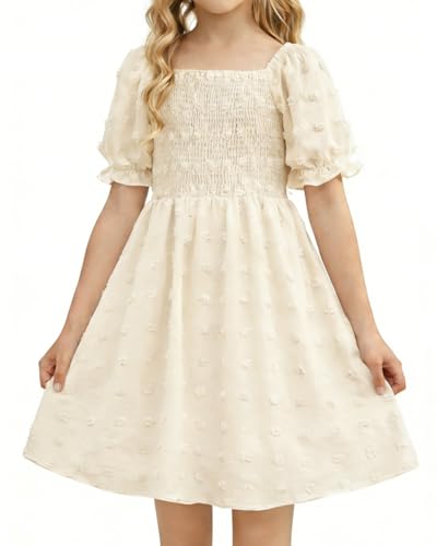 Vestido de niña con bolsillo, cinturón de lazo, manga corta, lunares suizos, vestido acampanado para niños, elegante, ropa casual de boda, 5 13 años, beige, 11 12 años
