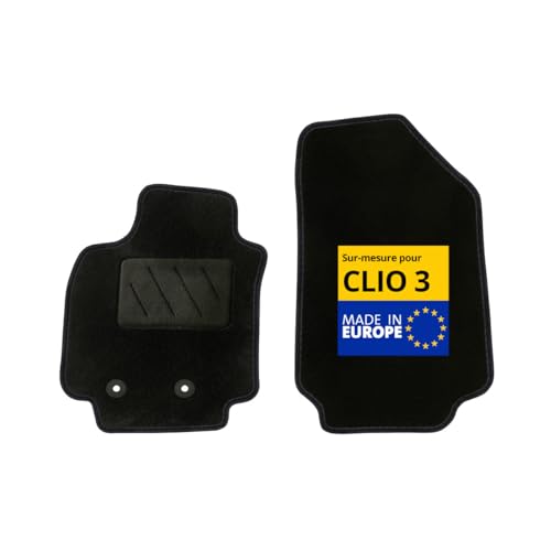 DBS - Tapis de Voiture sur Mesure - Adapté à Votre Renault Clio 3 (09/2005-08/2012) - Antidérapant : Clips de Fixations et Scratch - Tapis de Sol Avant 2 pièces - Moquette - Noir
