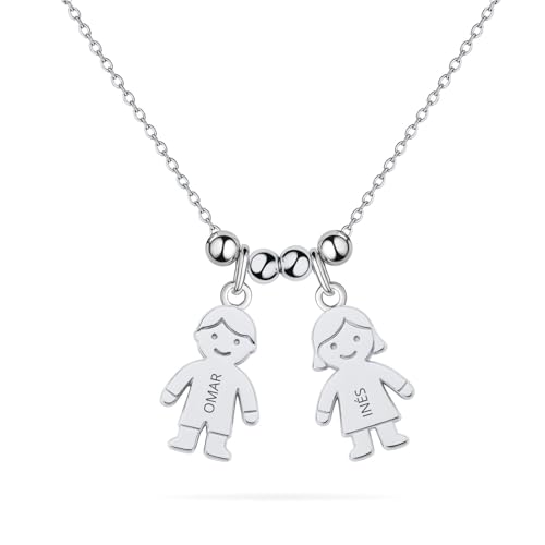 Collar con Colgante de Niños o Niñas Personalizable en Plata de Ley 925 o Bañado en Oro – Regalo Ideal para Mamás o Abuelas – 45cm + Alargador (1 Niño - 1 Niña Plata)