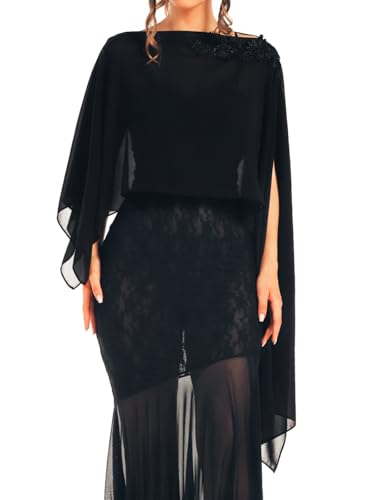 GORAIS Chiffon Cape for Women Black Formal Shawl Wrap Evening Capelet Cover Up for Dresses