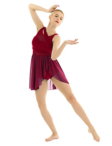 Foto von iEFiEL Damen Ballettkleid Tanzkleid mit Asymmetrisch Rock Wickelrock Tango Latein Kleider Leotard Ballettanzug Trikot Tanz-Body Gr. XS S M L XL Weinrot M