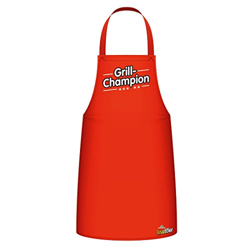 Bruzzzler Grillschürze mit Motivdruck, Grill Schürze, Grillschutz, Grill- und Küchenschürze, reine Baumwolle, Armausschnitt und Rückenschnürung, Variabel verstellbar, Baumwolle - Grill Champion, rot Cover