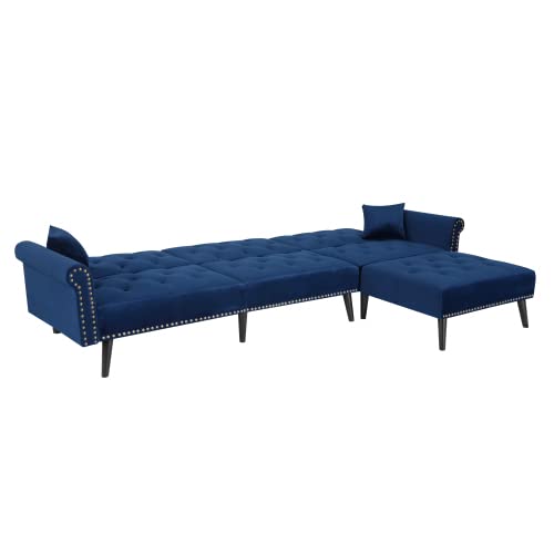 LCH Velvet Convertible Sleeper Sectional Sofa Bed,Reversible L Shaped Button Tufted Couch Furniture Set with Chaise Lounge 2 Pillows for Living Room, Navy Blue